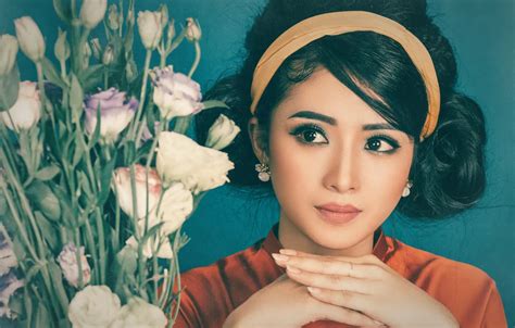 Wallpaper look, girl, flowers, face, hands, Asian, hairstyle, eustoma ...