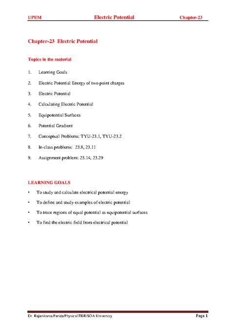 23 Electric Potential - Study material - Chapter- 23 Electric Potential ...