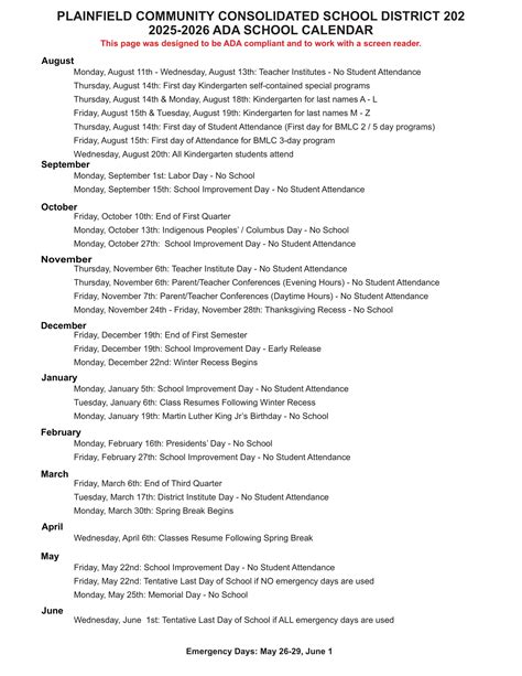 Plainfield District PSD202 Calendar 25-26 REVISED - EduCounty