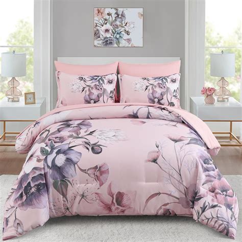 Amazon.com: Luxudecor Floral Comforter Set King Size 7 Piece, Blush ...