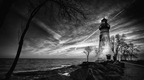 Download wallpaper 1920x1080 lighthouse, trees, coast, sea, bw full hd ...