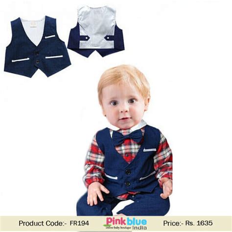 Infant Boys Red & White Check All In One Romper Set, Blue Waistcoat ...