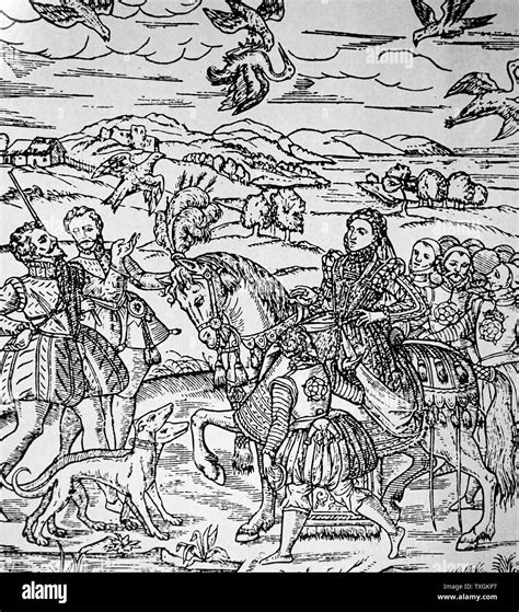 Engraving depicting Queen Elizabeth I of England (1533-1603) hawking. Hawking is the hunting of ...