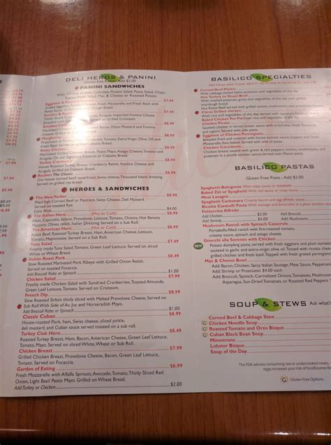 Menu at Basilico New York Deli restaurant, Fredericksburg, Cowan Blvd