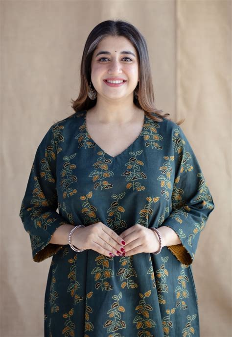 Indian Ethnic Women's Sayali Green Ajrakh Cotton A Line Kurta with Hand ...