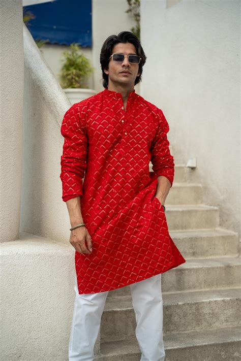 Buy red color wedding kurta for men: Shasak Clothing