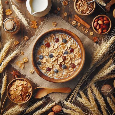 Premium Photo | Top view cereal bowl surrounded by wheat