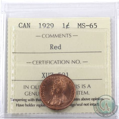 1-cent 1929 ICCS Certified MS-65 Red. A nice choice full red coin with ...
