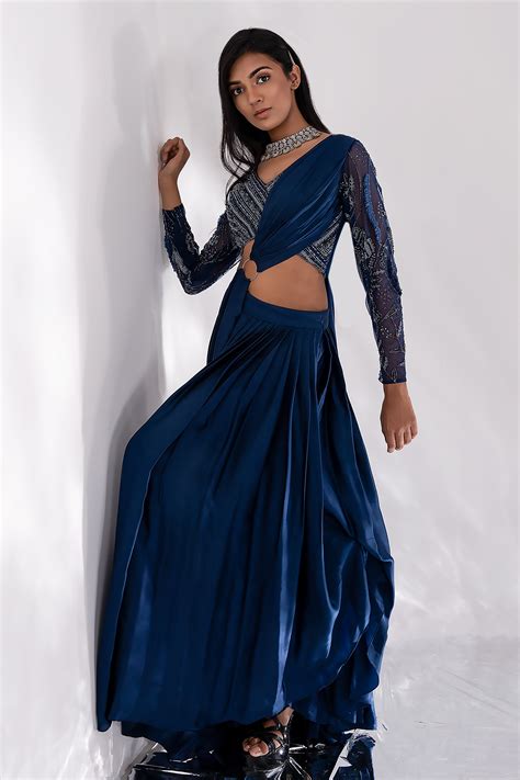 Buy Blue Satin, Tulle, Silk Sequins, Cut Amaya Lehenga Saree With ...