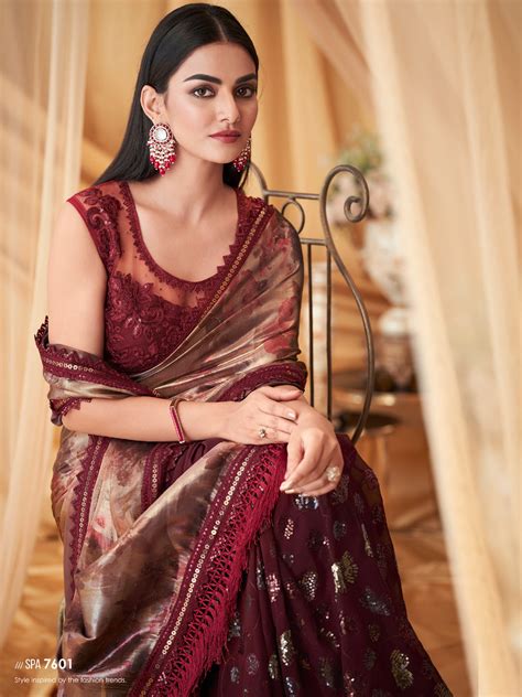 Embroidered Shimmer Georgette Silk Partywear Traditional Saree In Purp ...