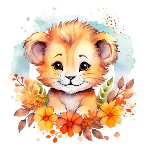 Premium Photo | A watercolor drawing of a baby lion cub surrounded by ...