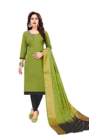 Buy Kimisha Women's Mahendi Green Slub Cotton Handwork Salwar Suit ...