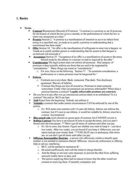 Contracts - Outline - 1. Basics Terms Contract Restatement (Second) of ...