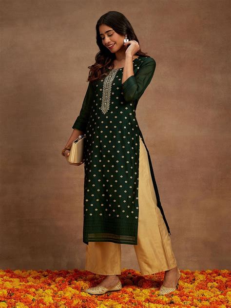 Buy Green Woven Design Chanderi Silk Straight Kurta Online at Rs.737 ...