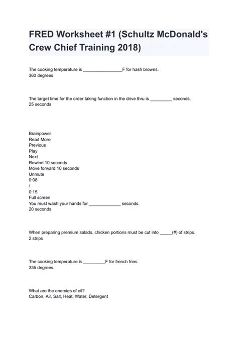 FRED Worksheet #1 (Schultz McDonald's Crew Chief Training 2024/2025 ...