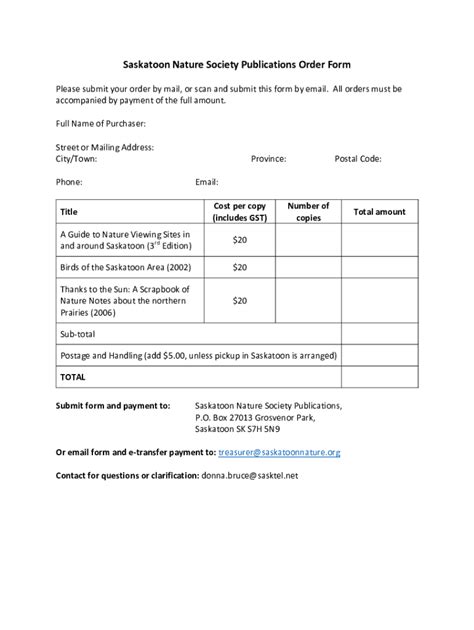 Fillable Online Pubs order form - Saskatoon Nature Society Fax Email ...