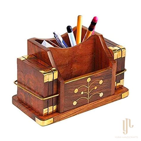 Wooden Pen Stand and Coaster Set in Gold Tree Inlay Design (Set of 12 ...