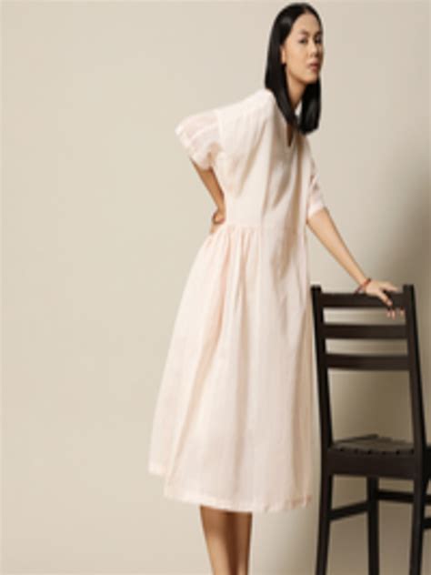 Buy BOWER Off White & Pink Striped Cotton Silk Midi A Line Dress ...