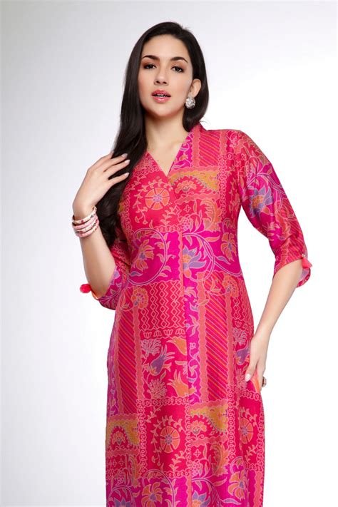 Pink with Multicolor Digital Print and Stone work Calf Length Kurti ...