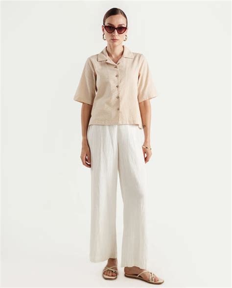 Rareism Women's Nomiki Beige Cotton Spread Collar Plain Extended Sleev