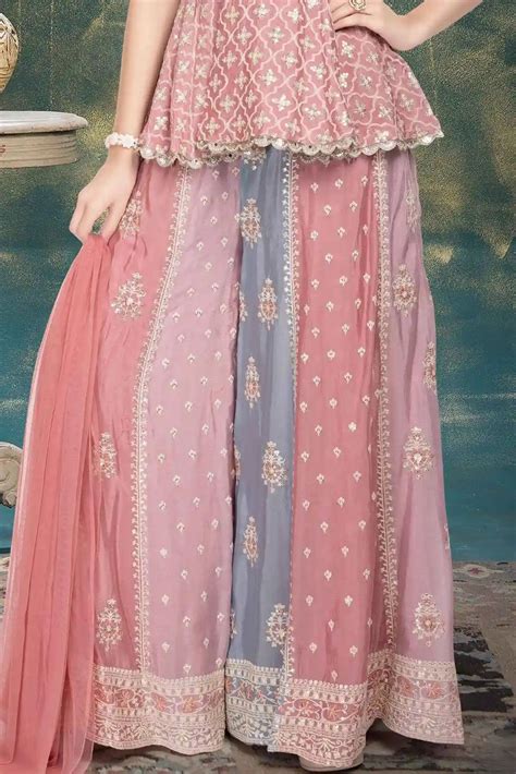 Pink Sequins Embroidered Peplum Palazzo Set with Dupatta For Girls ...