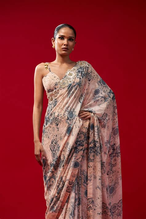 Champagne & Blue Blossom Saree – Bhumika Sharma