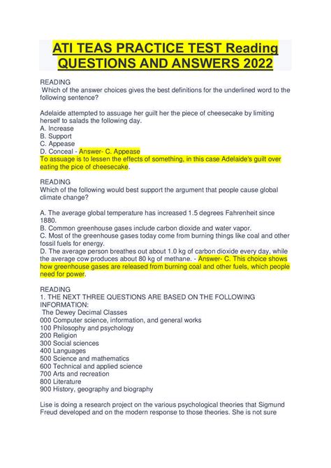 ATI TEAS PRACTICE TEST Reading QUESTIONS AND ANSWERS 2022 - Scholarfriends