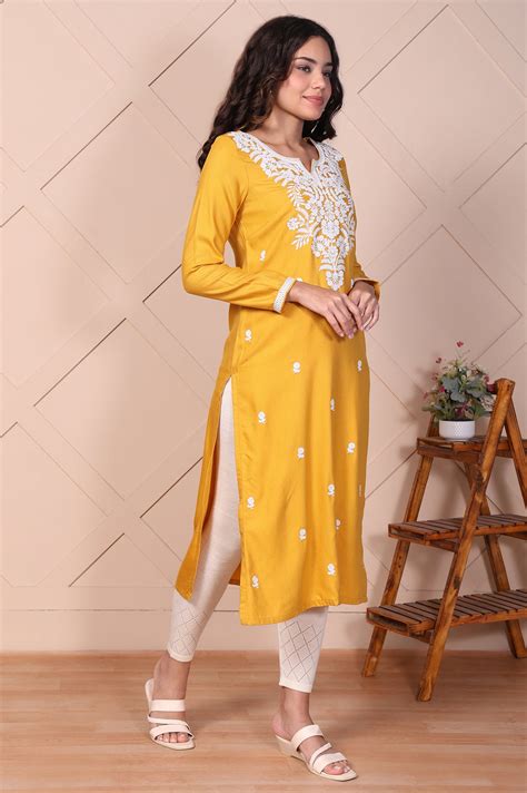Buy Mustard Embroidered Floral Lace Trim Straight Acrylic Kurta Online ...