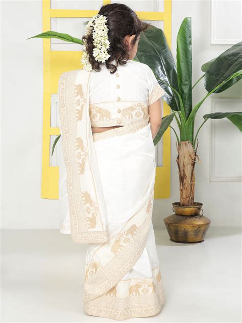 Cream Elephant Zari Embroidery Ready to Wear Saree with Stitched Blous ...
