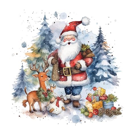 Akwarela Bałwan Święty Mikołaj Jeleń Boże Narodzenie gnomy sanie ...