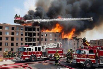 American firefighters on the turntable of a fire department ladder ...