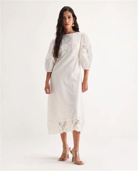 Rareism Women's Jex Off White Cotton Blend Round Neck A-Line Plain Mid