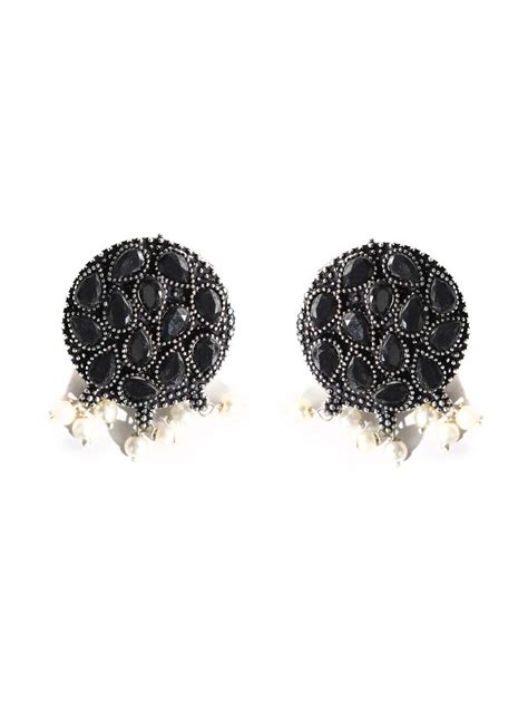 Black Stones Pearls Silver Plated Peacock Choker Set – Priyaasi