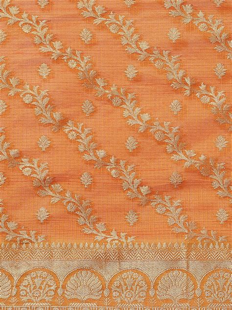 RLGW6859 Rust Orange Jamdani Chanderi Saree with Leheriya pattern Zari ...