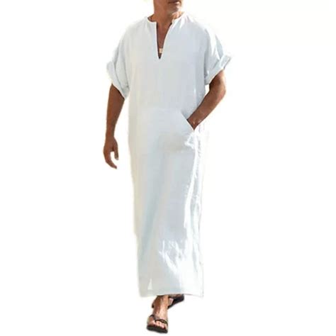 COOFANDY Men' V-Neck Linen Robe Short Sleeve Kaftan Thobe Long Gown ...