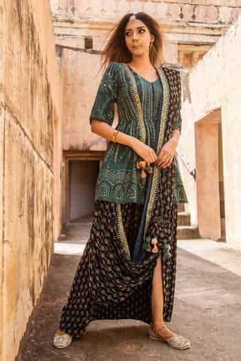 Buy Green Velvet And Lucknowi Embroidery Kurta & Dhoti Pant For Girls ...