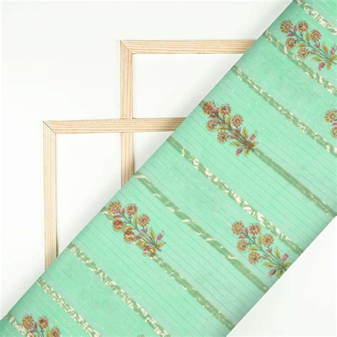 Mint Green And Maroon Floral Pattern Handblock Cotton Lurex Fabric ...