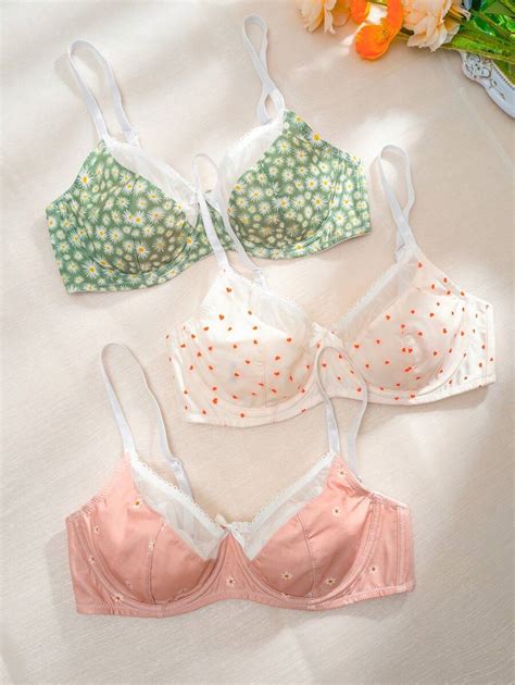 3pcs Floral Print Contrast Lace Underwire Bra Lingerie | SHEIN USA
