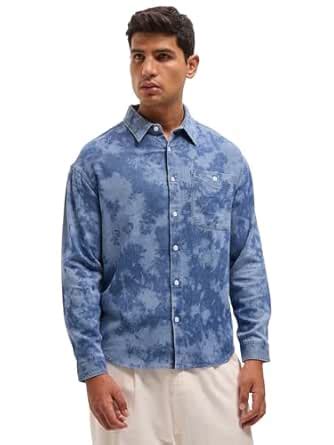 THE BEAR HOUSE Men's Cotton Sky Blue Acid Wash Relaxed Fit Overshirt ...
