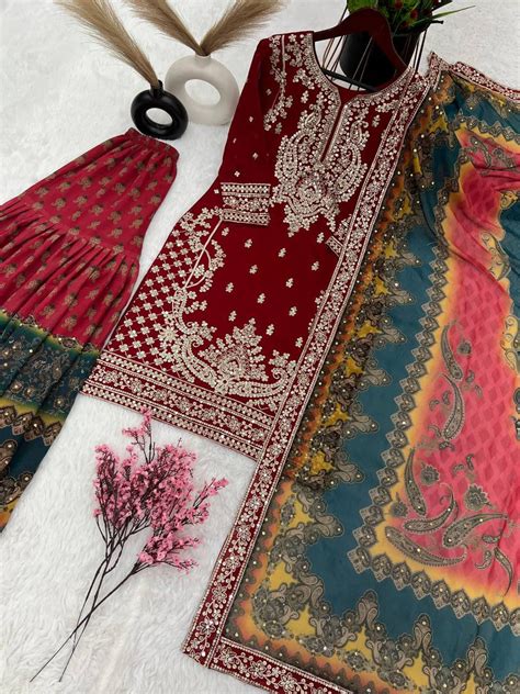 Innovative Red Color Embroidery Work Sharara Suit – Vastra Shop