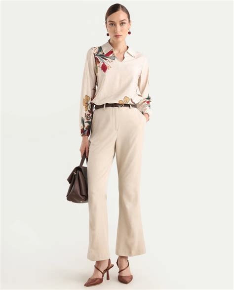 Rareism Women's Aero Beige Viscose Blend Spread Collar Regular Abstrac