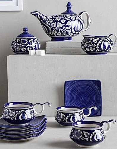 Buy Unravel India Ceramic Mughal Painting Blue Aladin Chirag Tea SetSet ...
