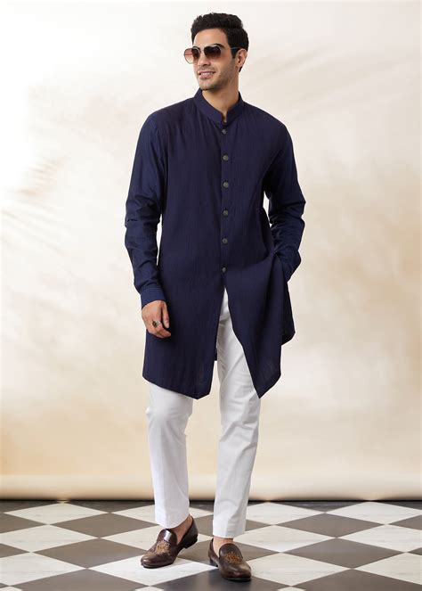 textured kurta-achkan in navy