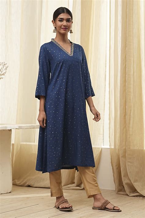 Buy Blue Foil Printed Straight Kurta Online at Biba India