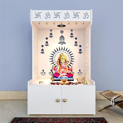 White Wooden Floor Pooja Mandir with Om & Swastik Design Ganesh Laser ...