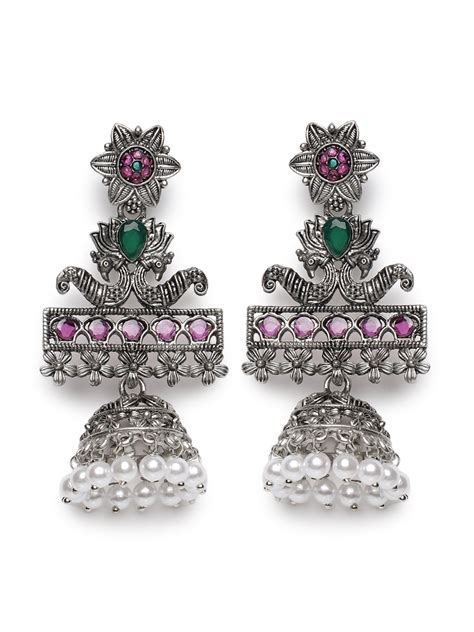 Pink & Green Oxidised Silver-Plated German Silver Stone Studded & Bead