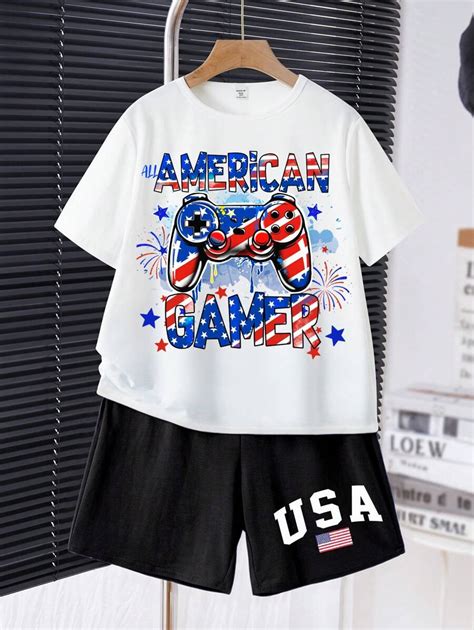 2pcs/Set Kids Boys Casual Cartoon Print Round Neck Short Sleeve Shirt ...