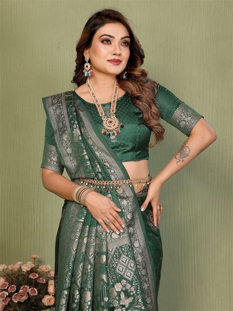 Dark Green Satin Silk Saree | Zari Weaving Festive Wear – Kalyanja