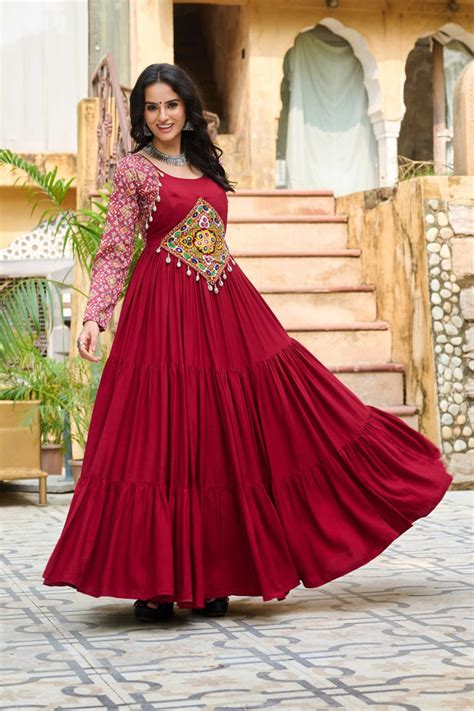Maroon Navratri Special Gown with Kutchi Gamthi Embroidery