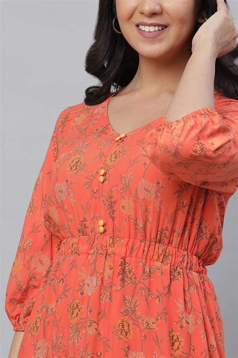 Buy Orange Floral Printed Gathered Dress Online for Woman | Shop for ...